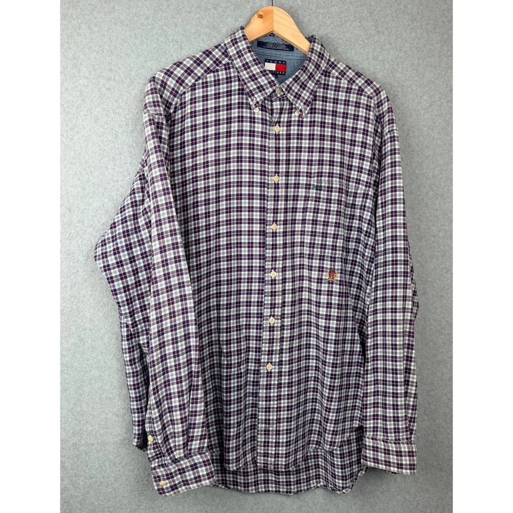 Y2K Tommy Hilfiger Plaid Crest Logo Flannel Button Shirt XL Cotton (read desc)